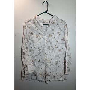 St Johns Bay Womens XL White Embroidered Boho Blouse 3/4 Sleeve Button Front